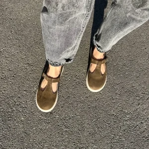 Olive Suede Mary Janes: Wide Toe Box T-strap Flats