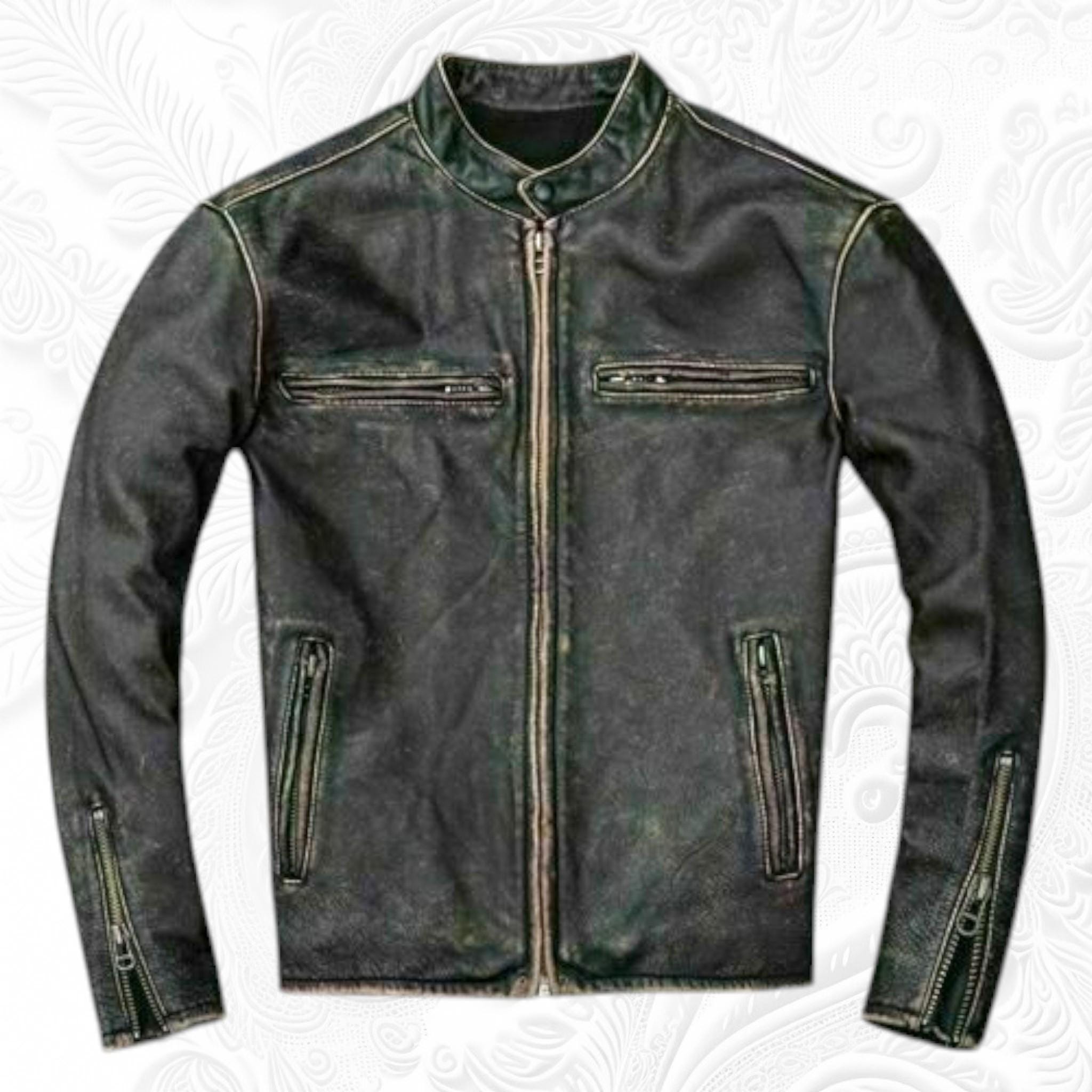 Handmade Distressed Black Sheepskin Cafe Racer Leather Jacket