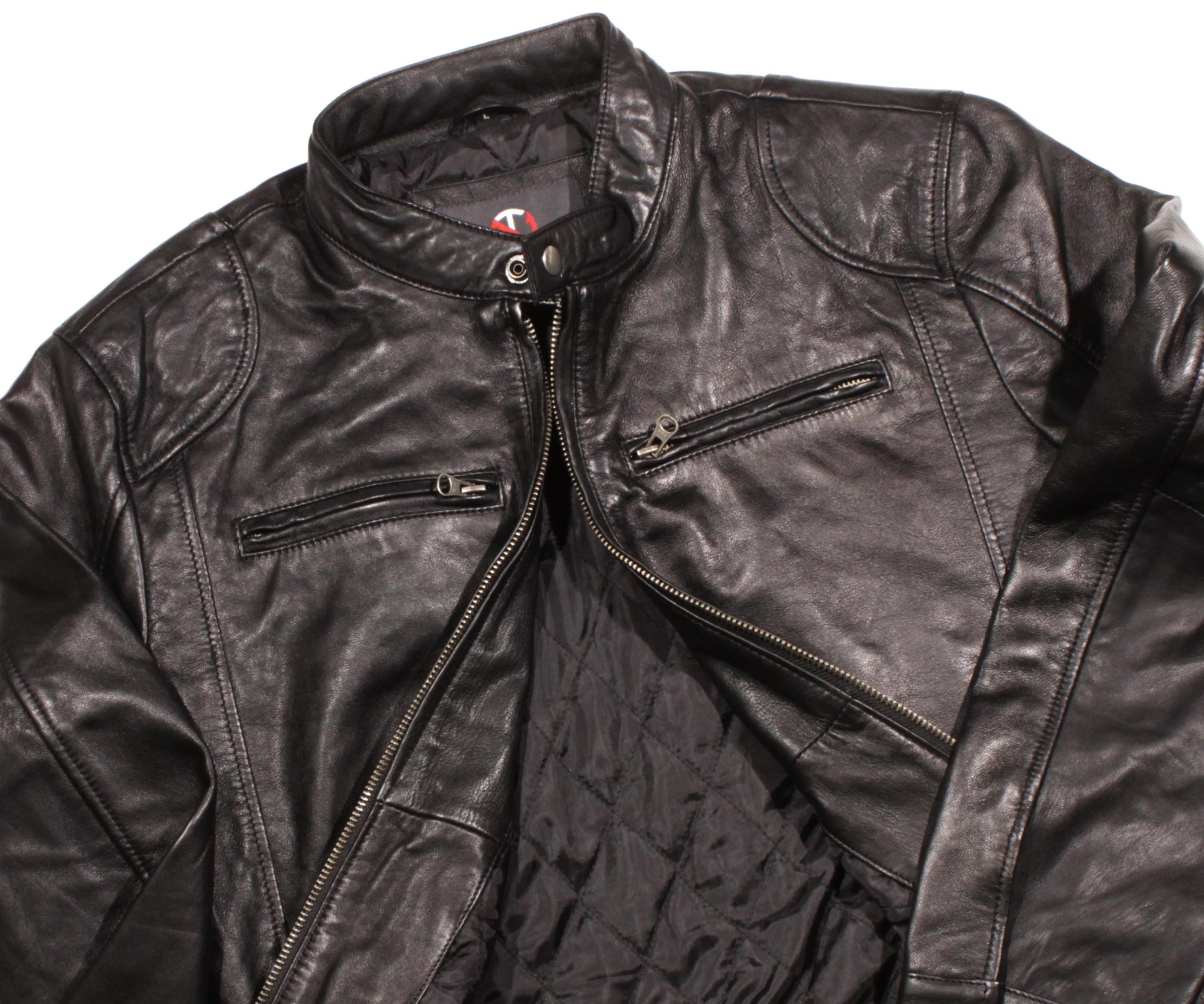 Cafe Racer Leather Jacket: Genuine Sheepskin Black Metal Cafe Racer Leather Jacket: Genuine Sheepskin Black Metal