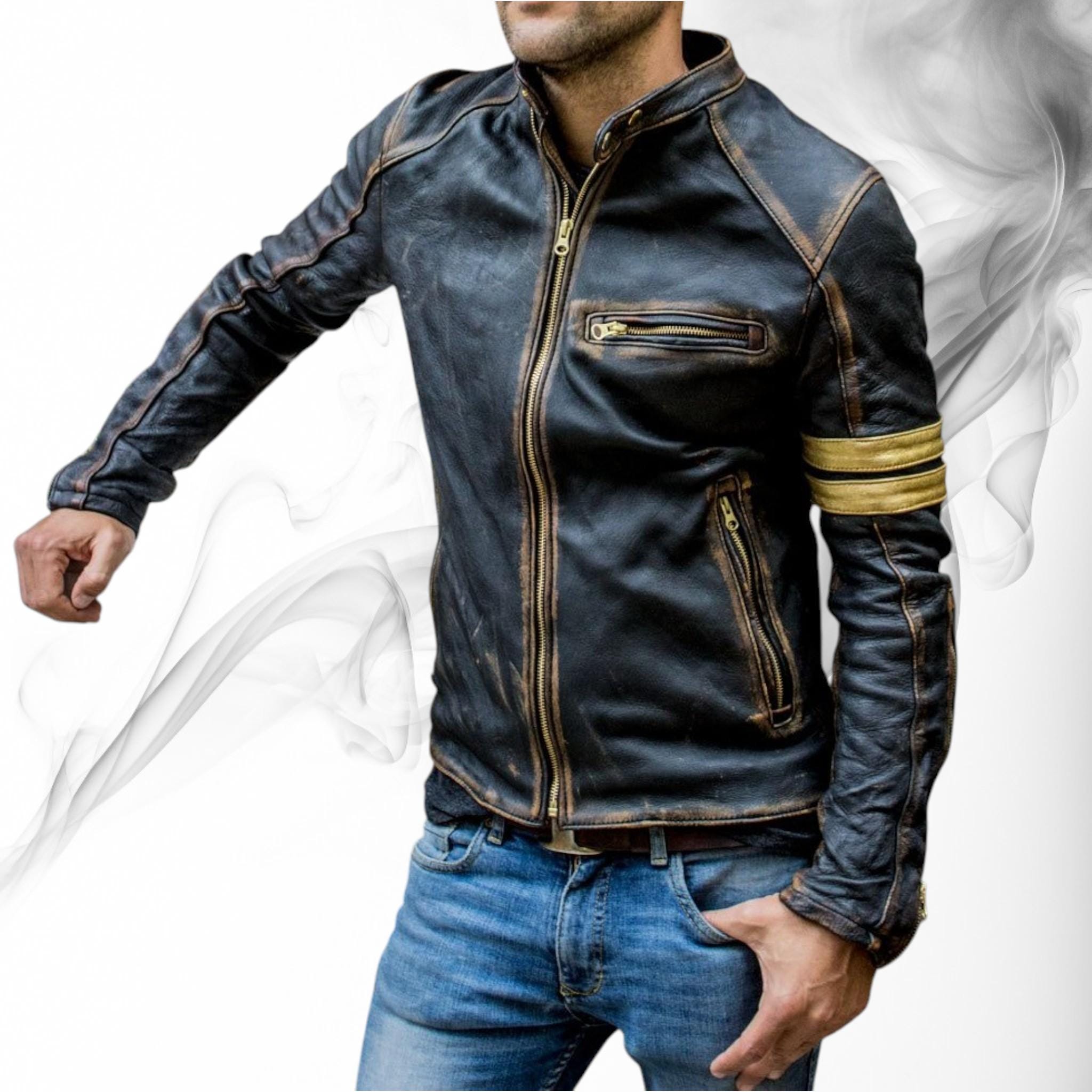Distressed Sheepskin Leather Cafe Racer Jacket Vintage Style Distressed Sheepskin Leather Cafe Racer Jacket Vintage Style