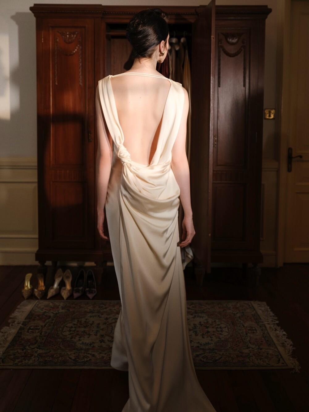 Ivory Draped Backless Gown Elegant Satin Dress With Ivory Draped Backless Gown Elegant Satin Dress With