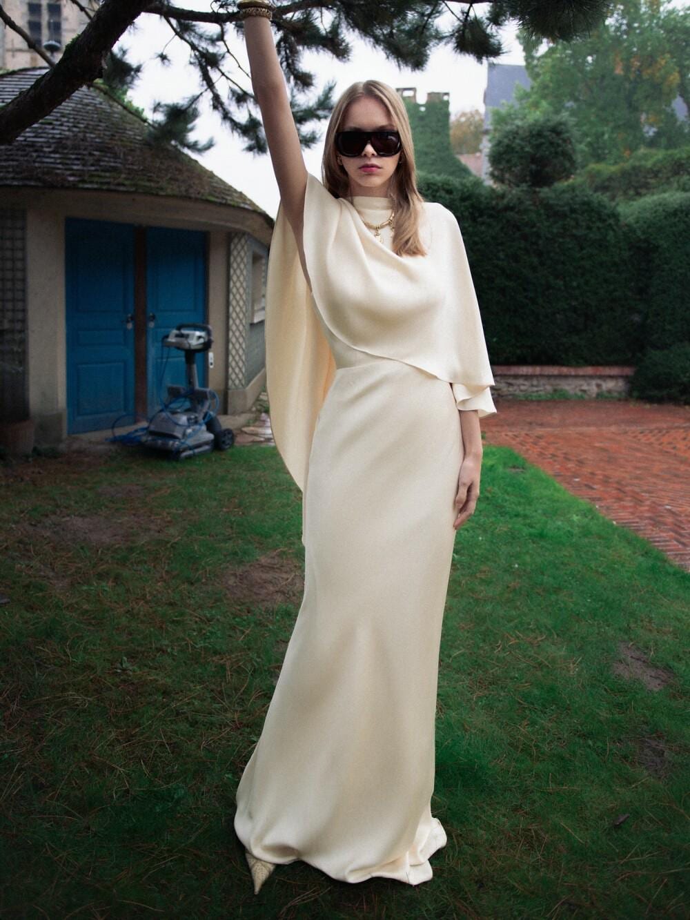 Ivory Muse Cape Gown Modern Minimalist Satin Evening Ivory Muse Cape Gown Modern Minimalist Satin Evening
